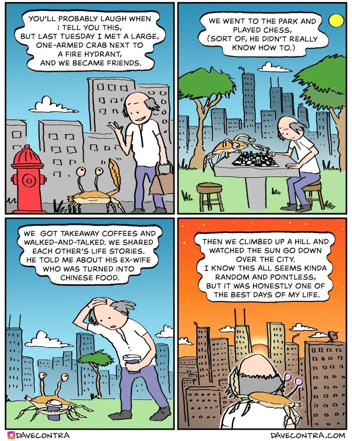Comic panels by Dave Contra depicting a man befriending a crab, playing chess, and sharing life stories in dark and twisted comic style.