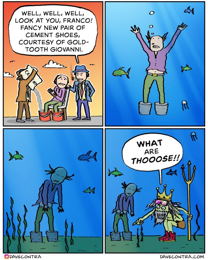 Dark and twisted comic by Dave Contra featuring a character with cement shoes underwater and a trident-wielding figure.