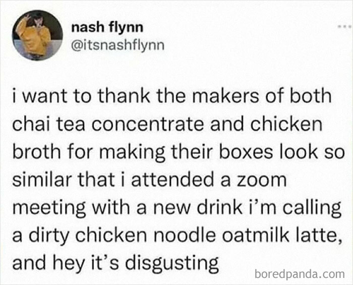 Funny and random Thunder Dungeon meme about confusing chai tea concentrate with chicken broth during a Zoom meeting.