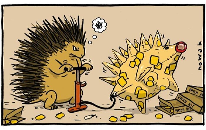 Porcupine humor cartoon by Joseph Nowak shows a porcupine inflating a patched-up spiky balloon pig with a pump.
