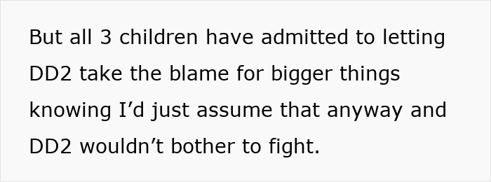 Text showing a mother of four expressing regret about using her daughter as a family scapegoat years later.