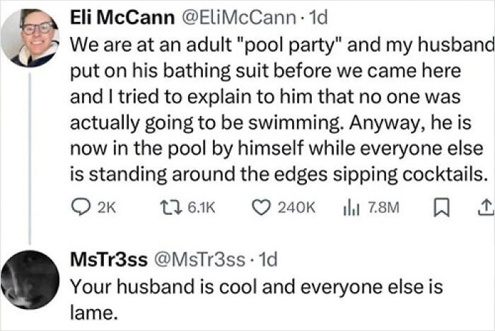 Tweet exchange about a humorous adult pool party moment featured in funny and random memes from Thunder Dungeon.