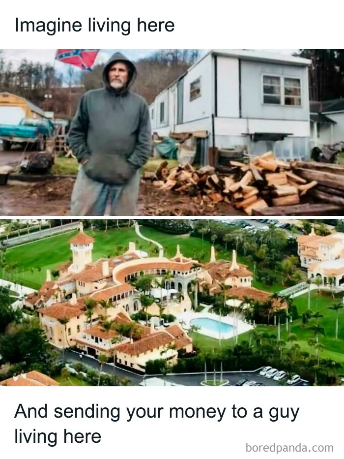 Man standing near a rundown trailer contrasted with a luxurious mansion highlighting facepalm moments of absent basic logic.