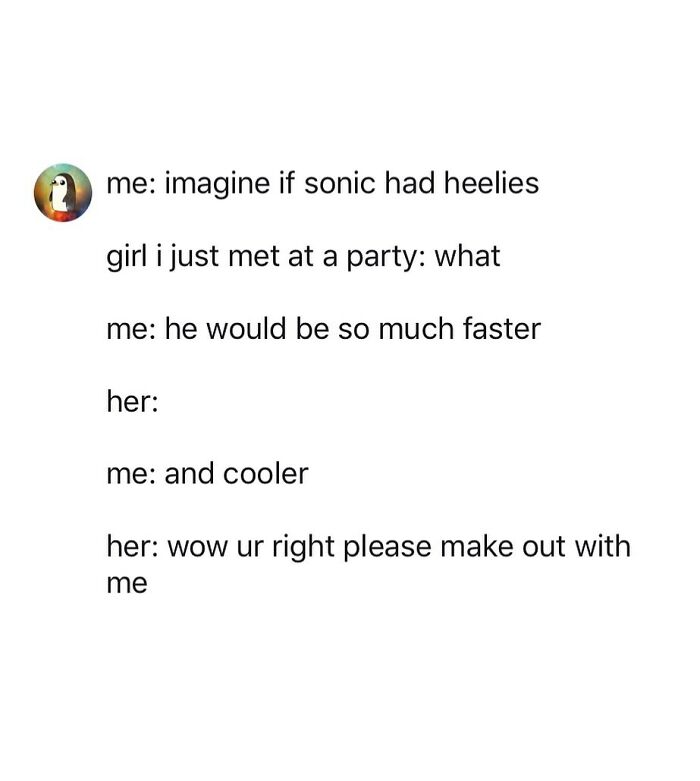 Tweet humor about Sonic with heelies, showing chaotic and funny conversation between two people at a party.