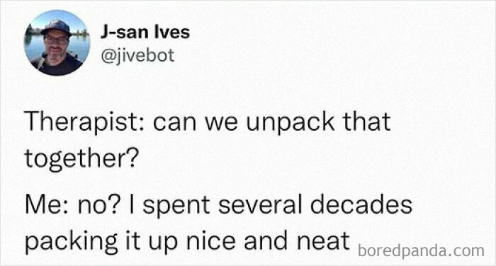 Tweet meme about therapy and personal feelings, humorous funny and random memes from Thunder Dungeon collection.