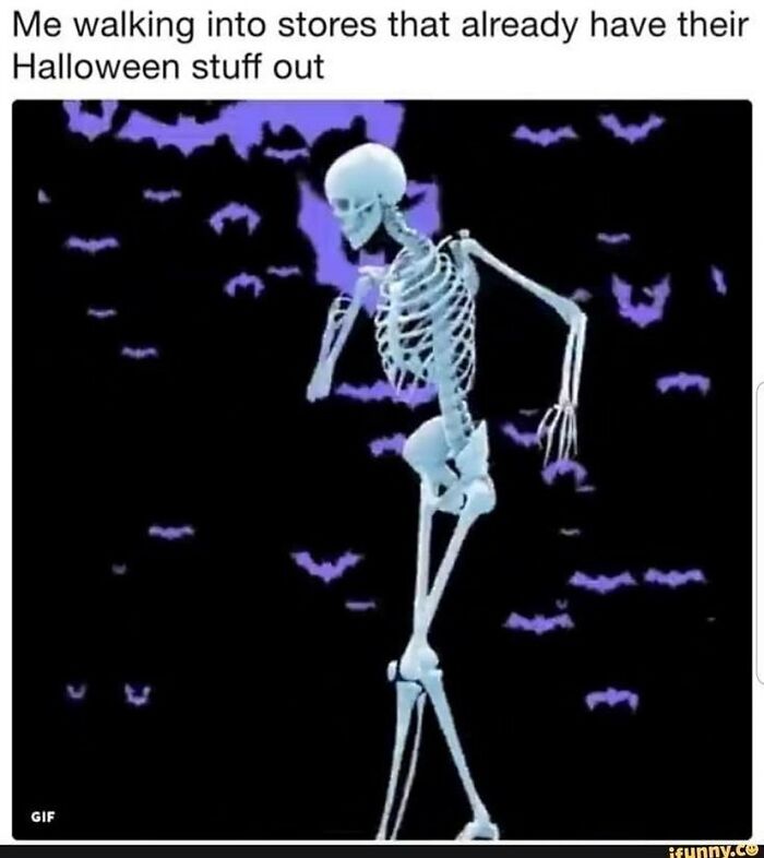 Dancing skeleton with bats in the background illustrating relatable Halloween and horror fan meme humor.