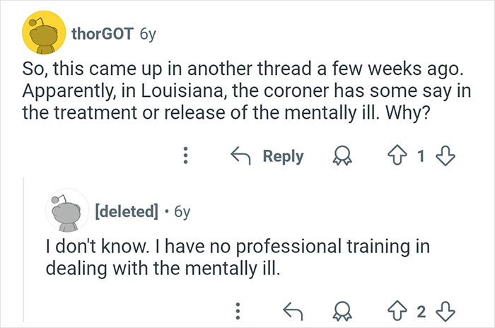 Screenshot of a Reddit conversation discussing coroners' roles in the treatment and release of mentally ill individuals.