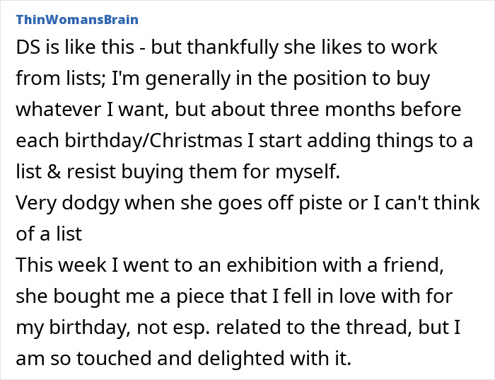 Text excerpt from ThinWomansBrain about mums bad birthday presents, discussing lists and a thoughtful gift from a friend.