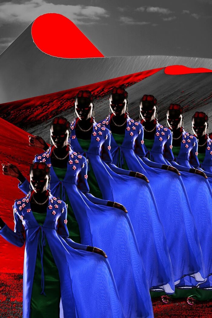 Four models wearing bright green and red high-fashion outfits in an artistic photo from the 2025 photographer award-winning contest.