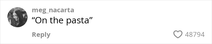 Social media comment reading On the pasta with a large number of likes, related to American tourist and Olive Garden dish in Italy.