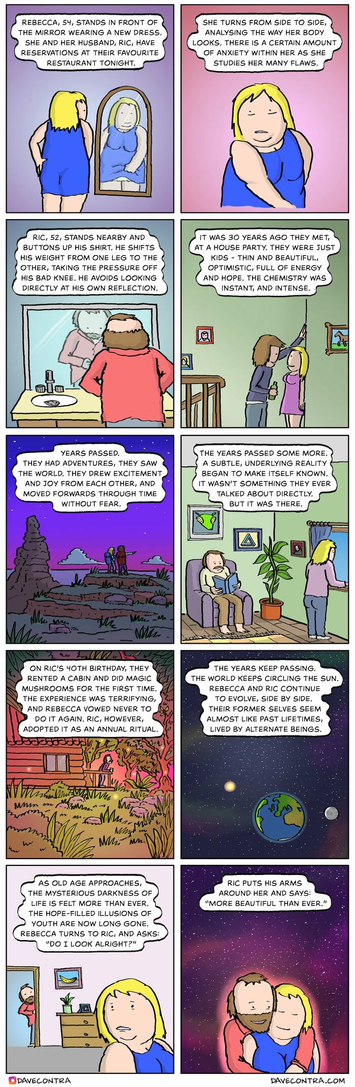 Comic panels illustrating a dark and twisted story of aging and love, by Dave Contra in a graphic novel style.