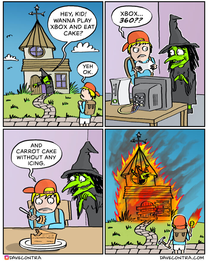 A dark and twisted comic by Dave Contra showing a boy, a witch, Xbox 360, and a burning house.
