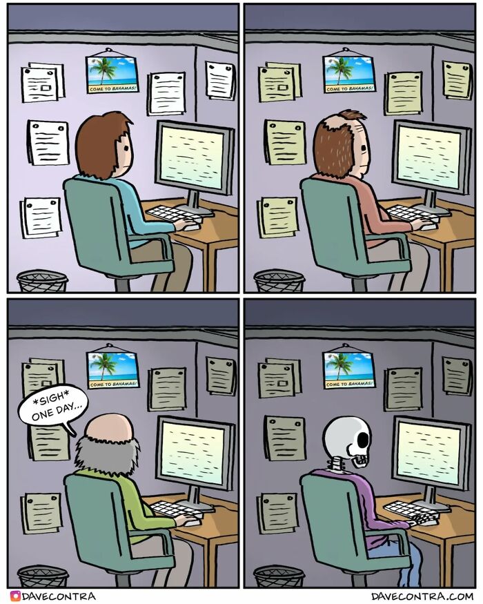 Four-panel dark and twisted comic by Dave Contra showing a man aging to a skeleton at his office desk.