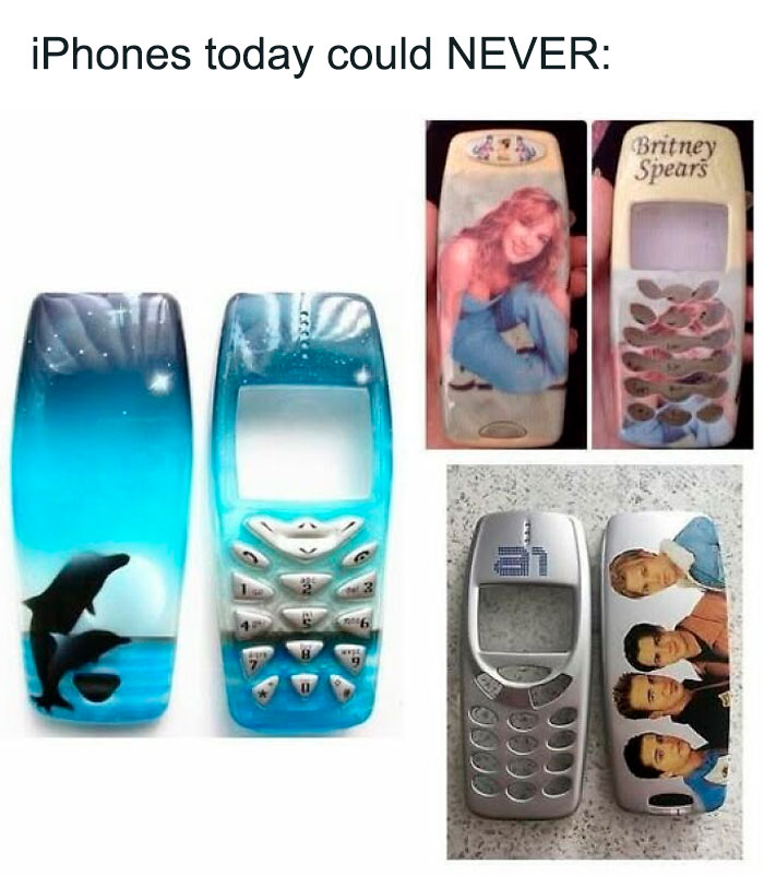 Vintage phone covers with dolphins, Britney Spears, and boy band, showcasing funny and random memes from Thunder Dungeon.