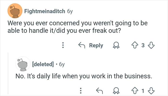 Reddit conversation discussing handling stress and daily life challenges in coroner stories and experiences.