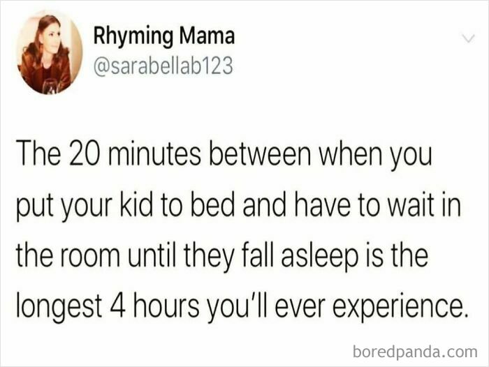 Parenting meme about the long wait after putting a kid to bed, highlighting relatable moments in parenting humor.