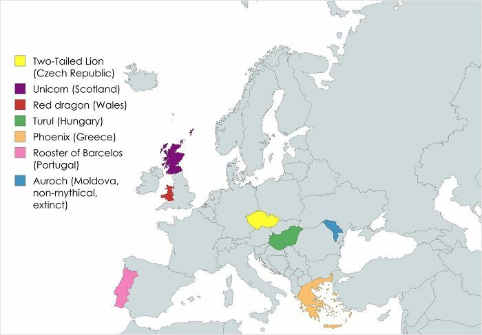 Map of Europe showing mythical creatures associated with specific countries, part of a funny and bad map series.