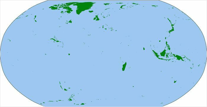 World map focusing on islands and regions with an unusual or funny representation in an ocean-dominated layout