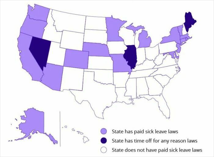 US map showing states with paid sick leave laws, time off for any reason laws, and states without paid sick leave laws.