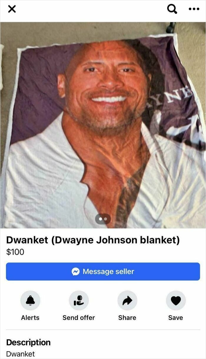 Unhinged item for sale online showing a Dwayne Johnson blanket listed for 100 dollars on a marketplace platform.