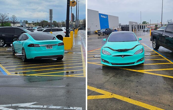 Bright turquoise Tesla parked improperly in a rainy lot with exaggerated fake eyebrows attached, showcasing unusual adult behavior.