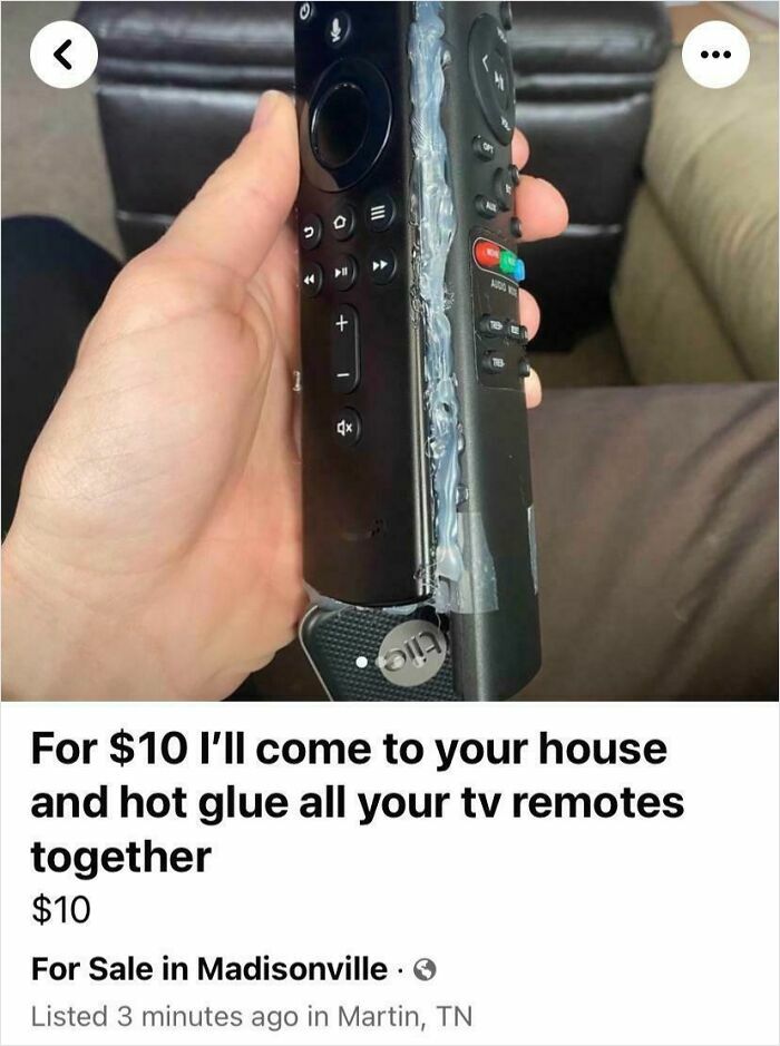 Hand holding two TV remotes glued together with hot glue, illustrating unhinged things people thought they could sell online.