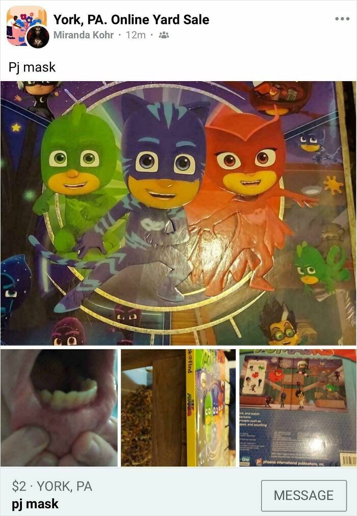 Unusual online yard sale listing showing a PJ Mask puzzle and close-up of human teeth for unhinged things sold online.