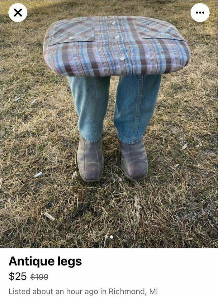 Plaid shirt stuffed to resemble legs wearing jeans and boots, an unhinged thing people thought they could sell online.