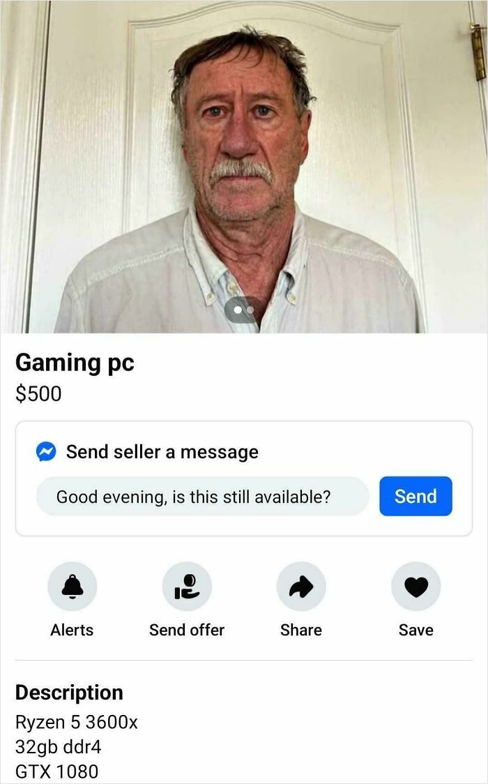 Man selling a gaming PC online with detailed specs and a message option in an unusual online selling listing.