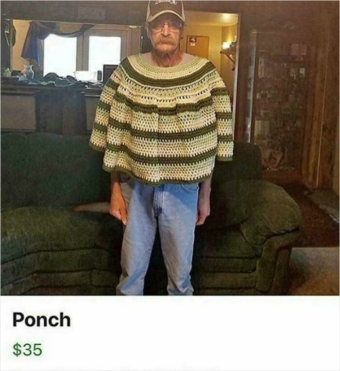 Man wearing a homemade crocheted ponch for sale online, illustrating unhinged things people thought they could sell.