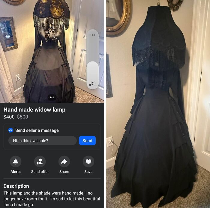 Handmade widow lamp shaped like a Victorian dress with a fringed lampshade, one of the unhinged things sold online.