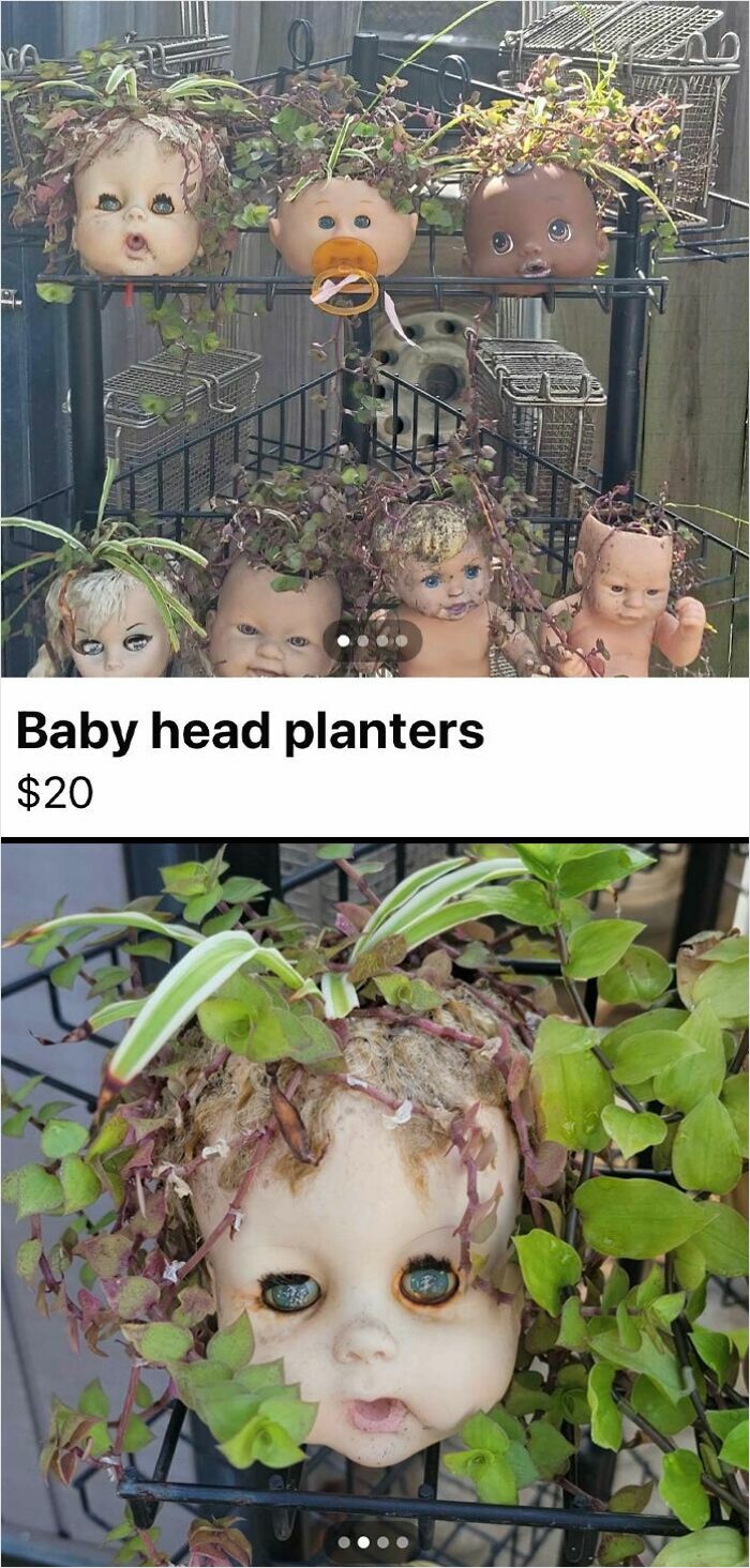 Baby head planters made from doll heads with plants growing out, showcasing unhinged things people thought they could sell online.