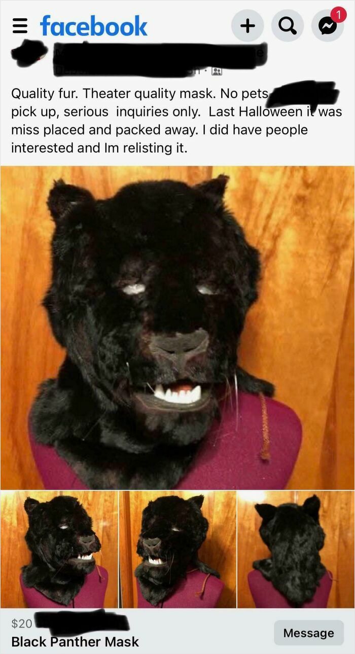 Facebook post showing a theatrical black panther mask for sale, illustrating unhinged things people thought they could sell online.