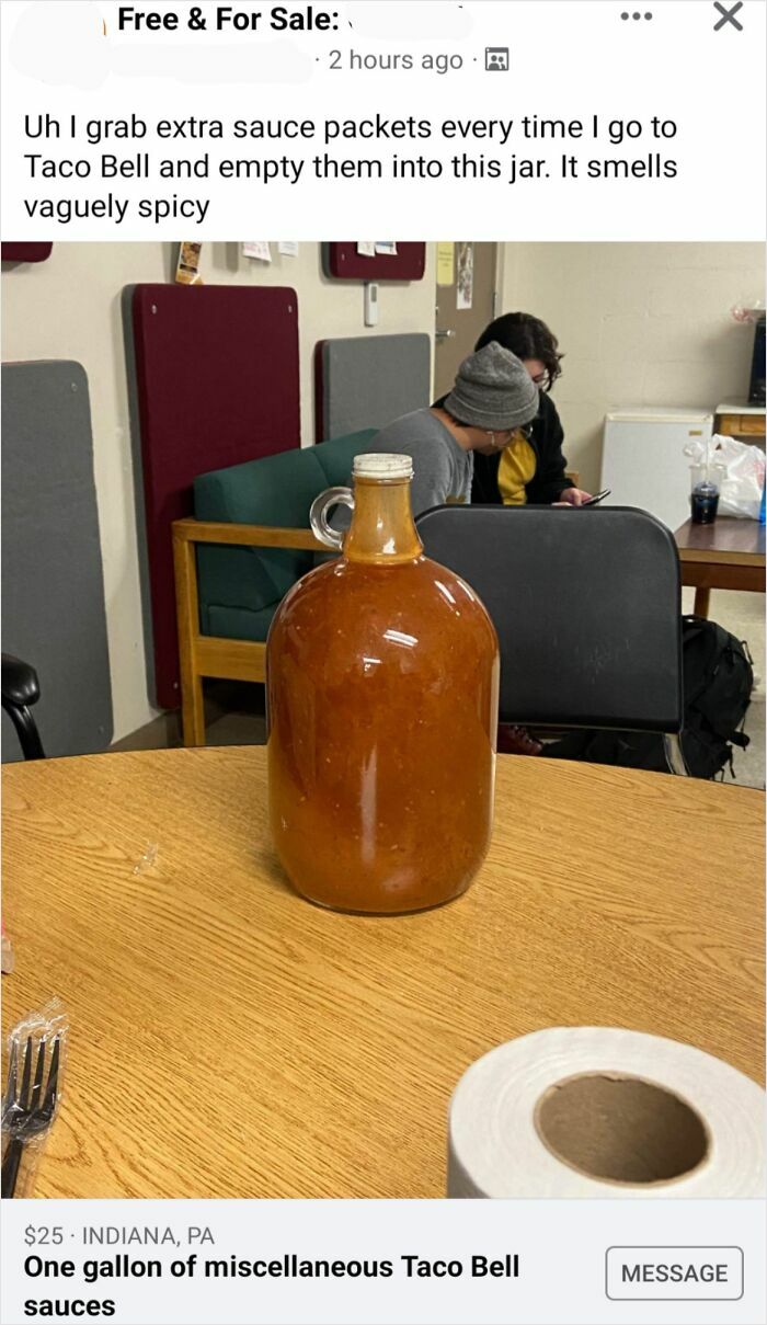 Large jug filled with miscellaneous Taco Bell sauce packets offered for sale, illustrating unhinged things sold online.
