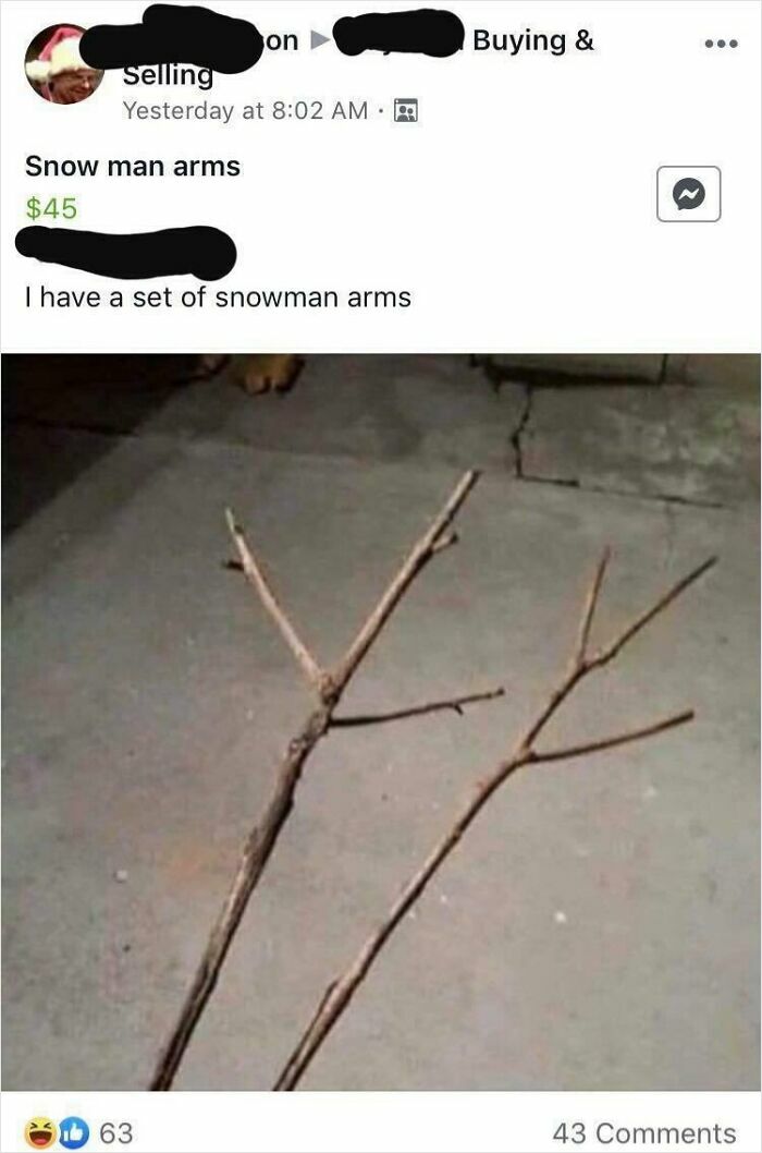 Social media post listing unhinged things people thought they could sell online, showing sticks labeled as snowman arms.