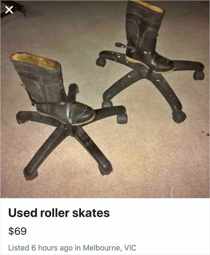 Black boots attached to office chair wheels for sale, illustrating unhinged things people thought they could sell online.