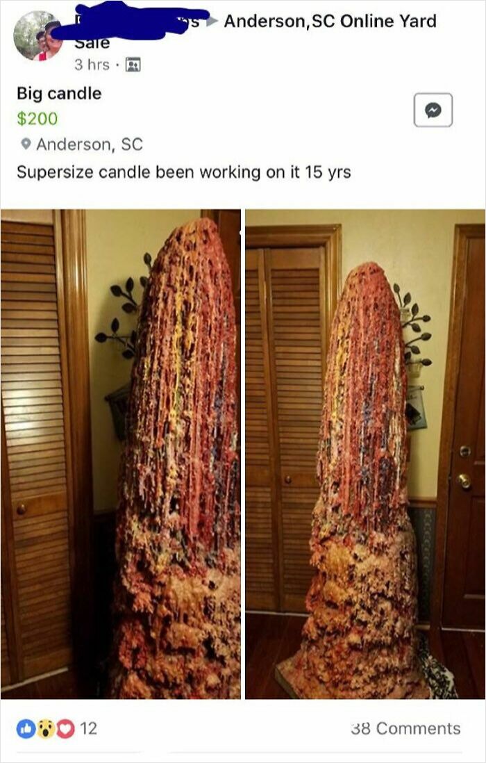 Large unhinged candle covered in colorful wax drips, listed for sale online as a unique handmade item.