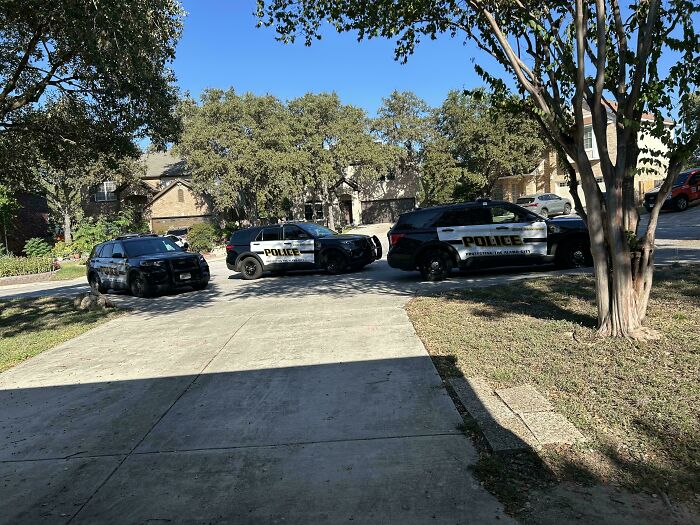 Three police SUVs parked on a residential street, highlighting people apparently allergic to acting like sensible adults.
