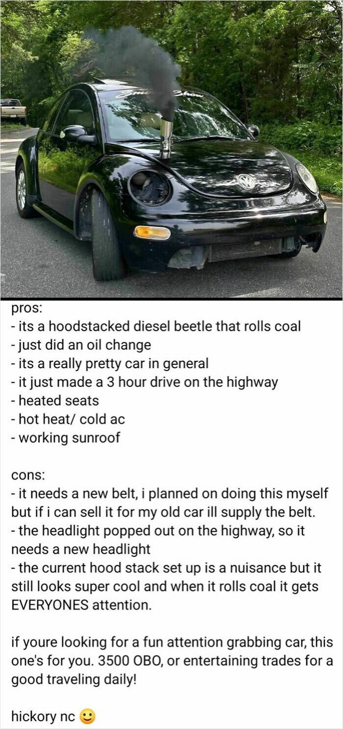 Black Volkswagen Beetle with hood-stacked diesel setup emitting black smoke, listed among unhinged things people thought they could sell online.