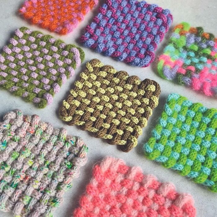 Colorful woven textile creations made from threads showcasing intricate patterns and artistic craftsmanship.