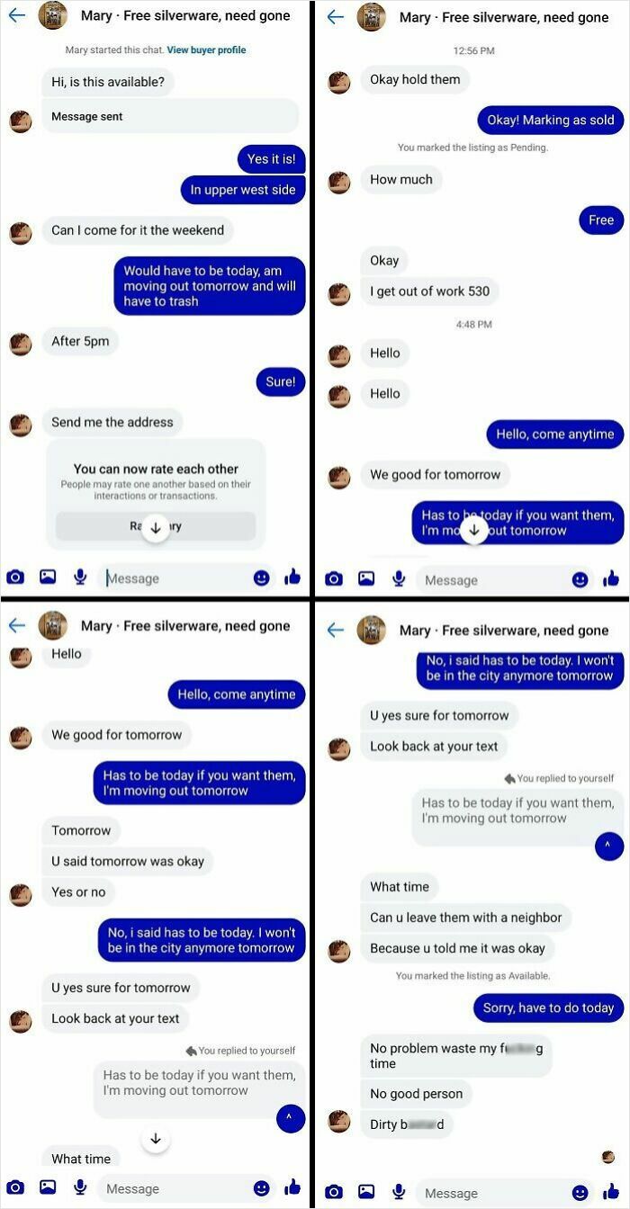 Chat conversation showing poor communication and unrealistic expectations about free silverware pickup, highlighting acting like adults issues.