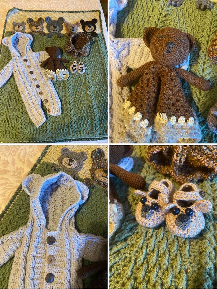 Crocheted baby outfit with bear-themed blanket, teddy bear doll, booties, and detailed textured stitch patterns.