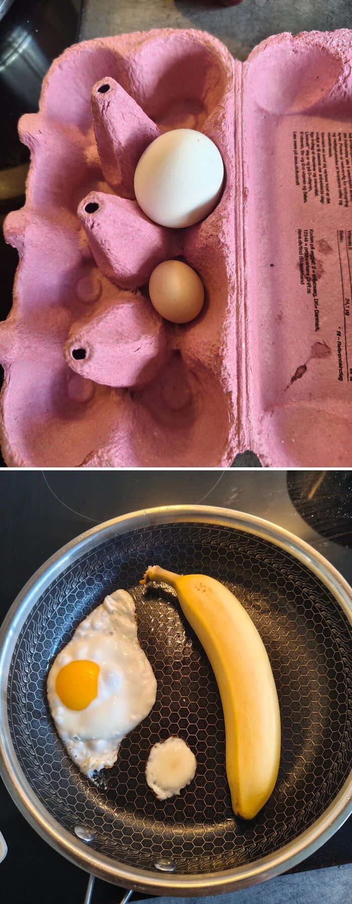 Two eggs of very different sizes in a carton and a small fried egg next to a banana in a frying pan.