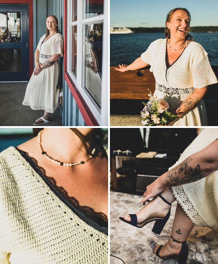 Woman wearing a handmade crocheted dress with lace details, holding flowers and showing tattoos in multiple close-up shots.