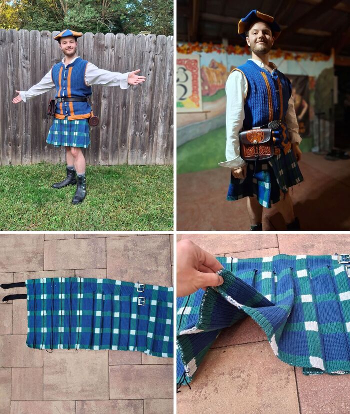 Man wearing a hand-crocheted blue and green plaid kilt with matching vest and accessories showcasing crochet craftsmanship.