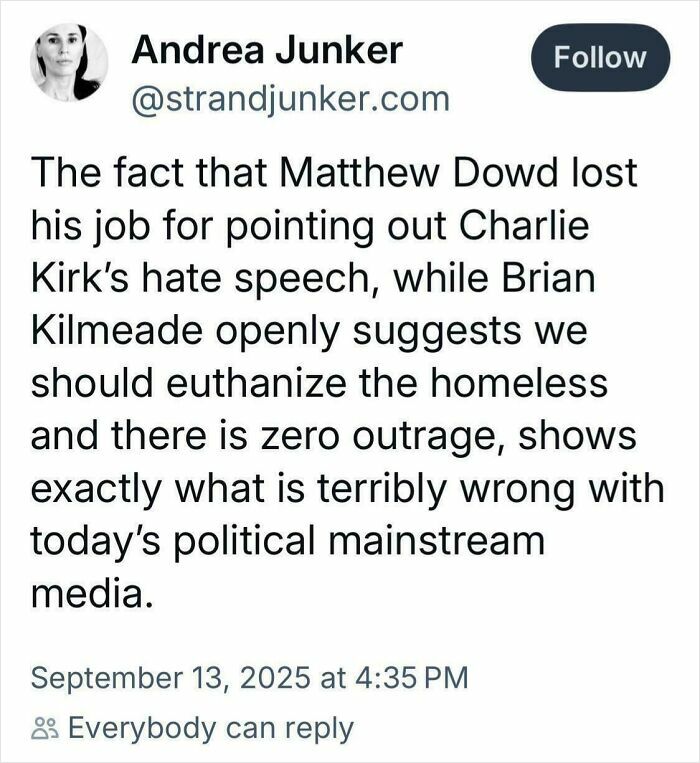 Andrea Junker tweet criticizing political mainstream media for double standards, showcasing chaotic good actions in speaking out.