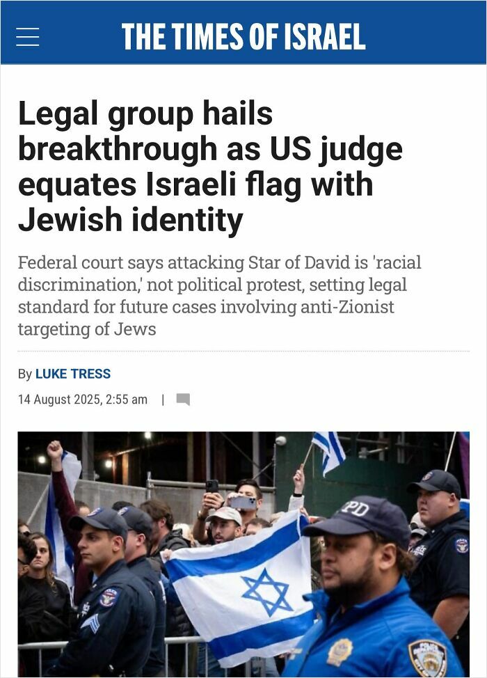 Protesters holding Israeli flags with police presence, illustrating legal breakthrough on Jewish identity and flag protection.