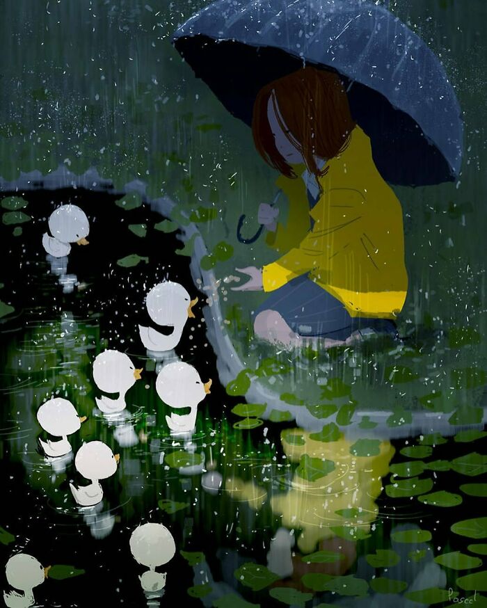 A digital artwork showing an artist transforming the everyday with a person in yellow feeding ducks in the rain.