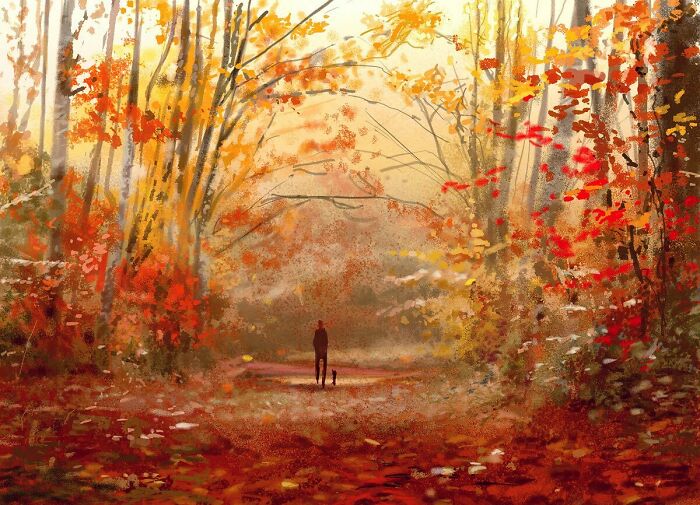 Autumn forest scene with vibrant leaves and a person walking a dog, transforming the everyday into something extraordinary.