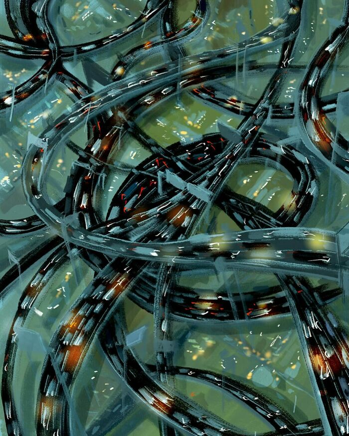 Abstract artwork depicting tangled roads with moving lights, showcasing how an artist transforms the everyday into something extraordinary.